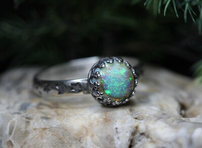 Opal Ring * Solid Sterling Silver Ring* Moon and Stars Pattern Band * 8mm Full Moon * 14x10mm* Monarch Opal *  Any Size - image6